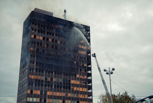 Fire drill practice in high-rise building